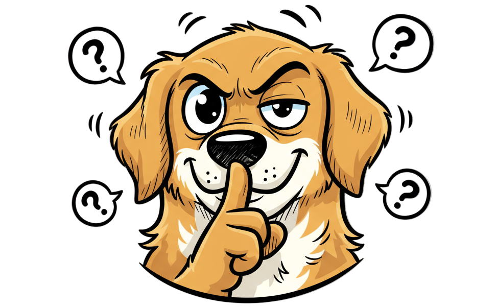 Ein comic Hund der ein Geheimnis hütet und seine pfote vor seine Schnauze hält. Er ist vor komplett weißem hintergrund